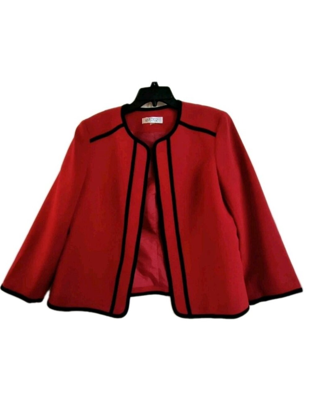 Kasper Women Fire Red Black Crown Jewels Long Sleeve Open Front Suit Jacket 16